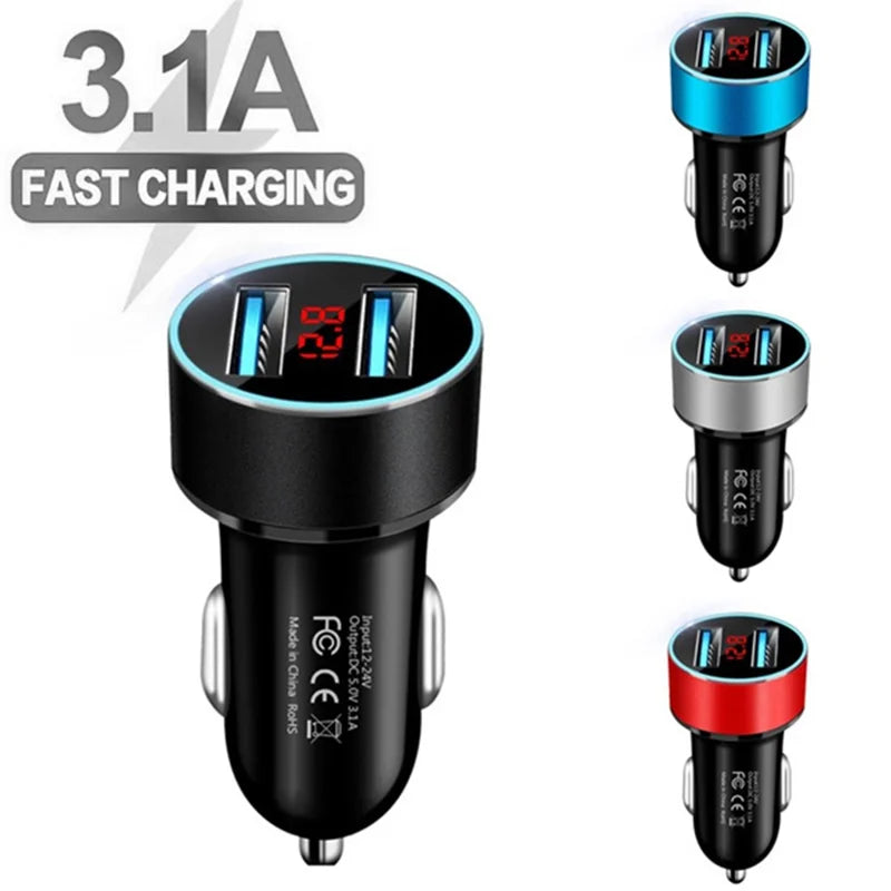 3.1A Fast Charging Dual USB Ports Cigarette Lighter Car Charger for 12V/24V Vehicles - Black