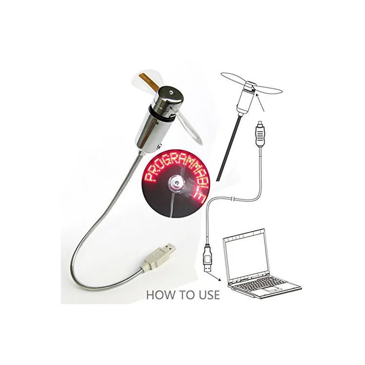 USB Mini FAN. med LED Lys der viser tekst.