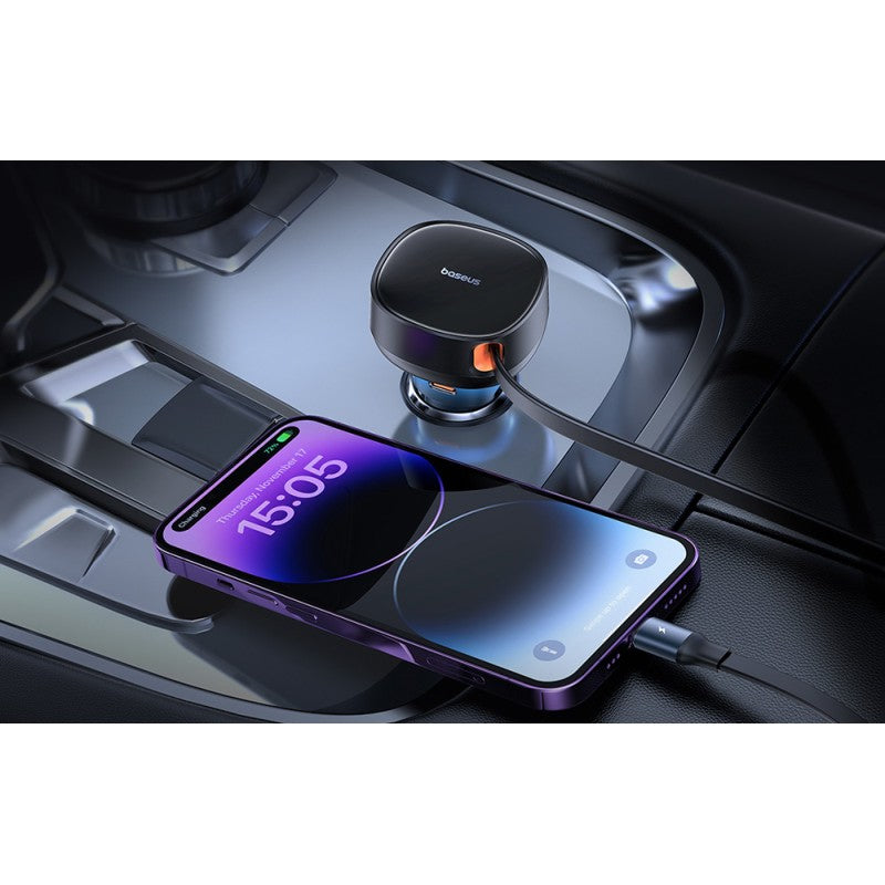 Enjoyment Pro 60W Car Charger USB Port Adapter with Type-C + iP Retractable Cable - Black