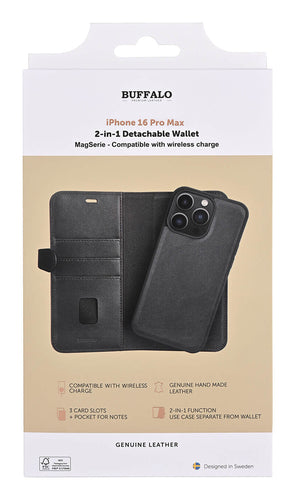 iPhone 16 Pro Max Læder Wallet Flip Cover 2 i 1 – Sort – Buffalo