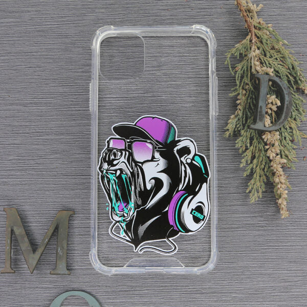 iPhone 11 Cover Bjørn Med Headset – Transparent/Lilla