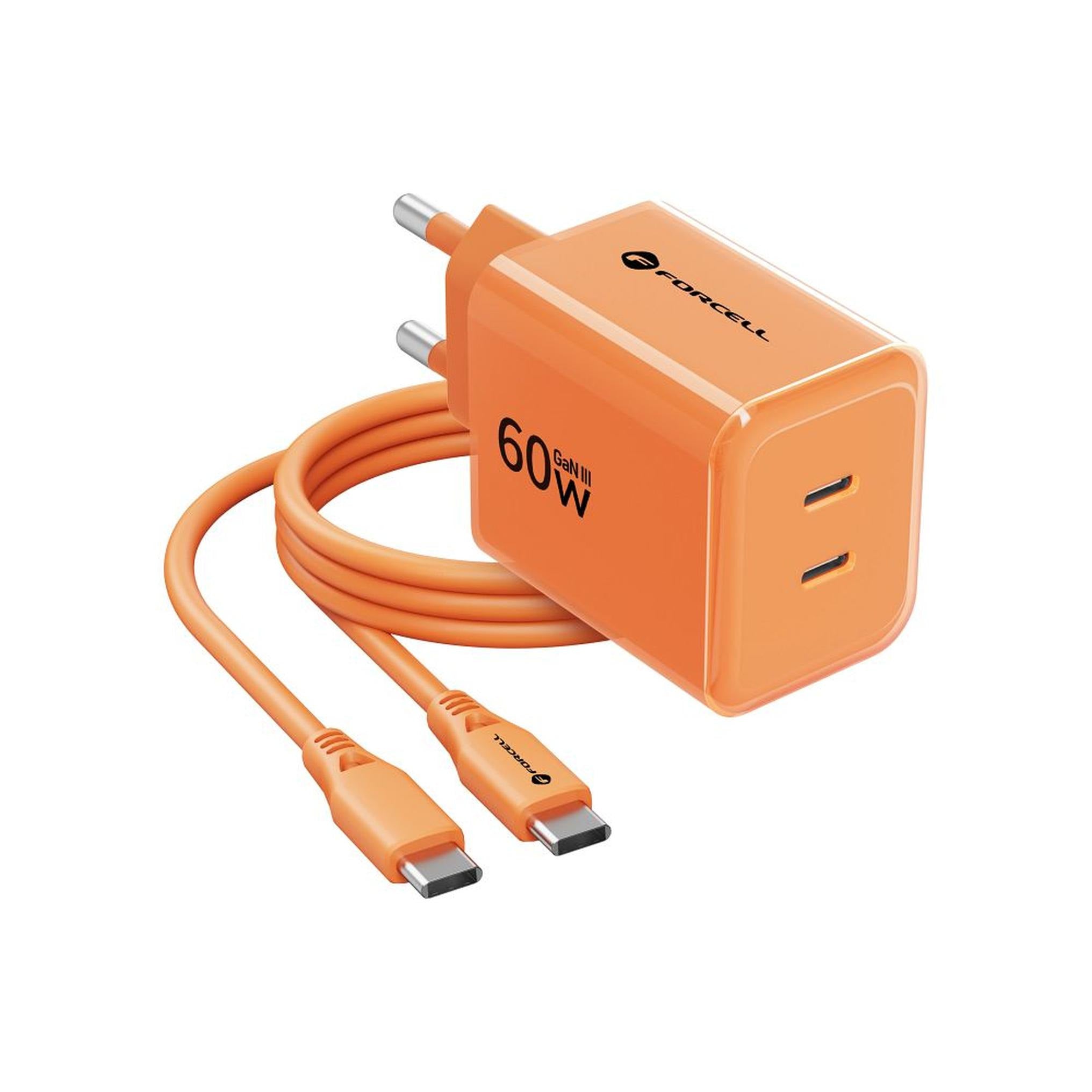 Phone charger Forcell F-Energy GaN III Crystal Color 2x USB C AVS SSFC3.0 60W + silicone cable USB C to USB C VT-60 orange - billede 4