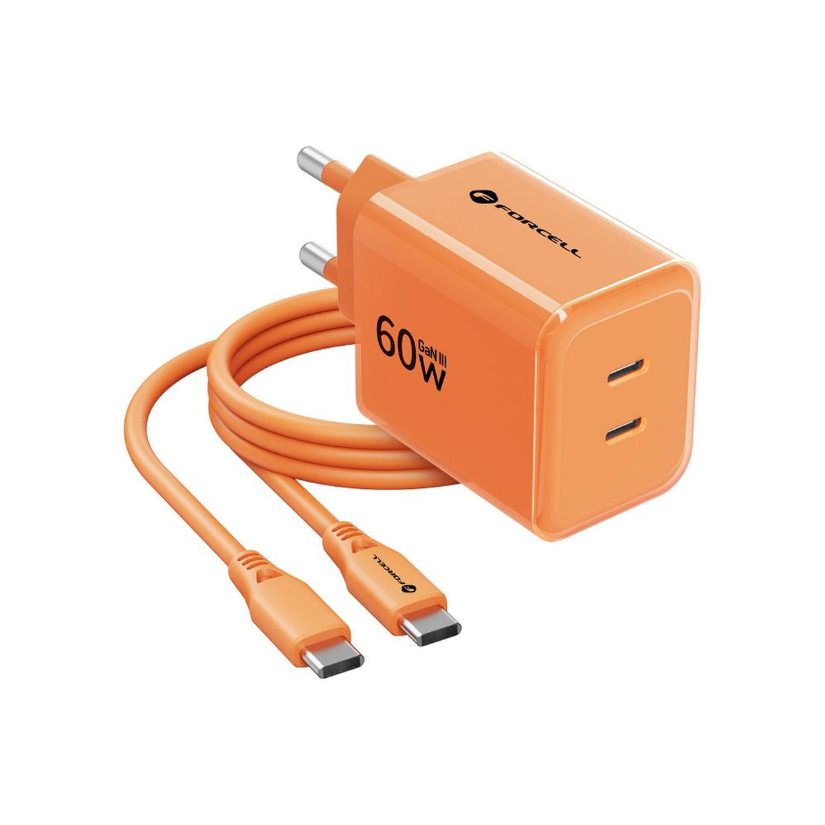 Phone charger Forcell F-Energy GaN III Crystal Color 2x USB C AVS SSFC3.0 60W + silicone cable USB C to USB C VT-60 orange - billede 4