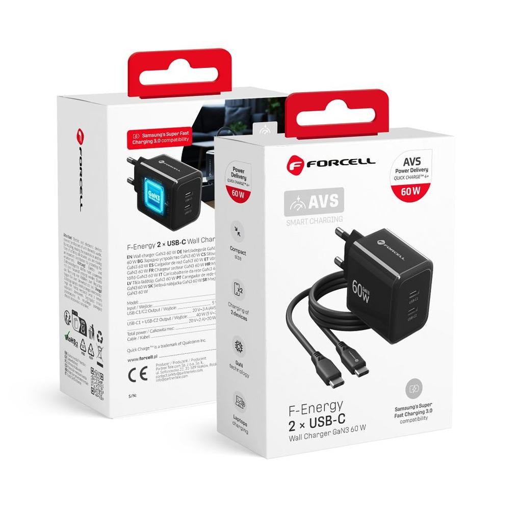 Forcell F-Energy Oplader GaN III Crystal Color 2x USB C AVS SSFC3.0 60W + silicone cable USB C to USB C VT-60 black - billede 6