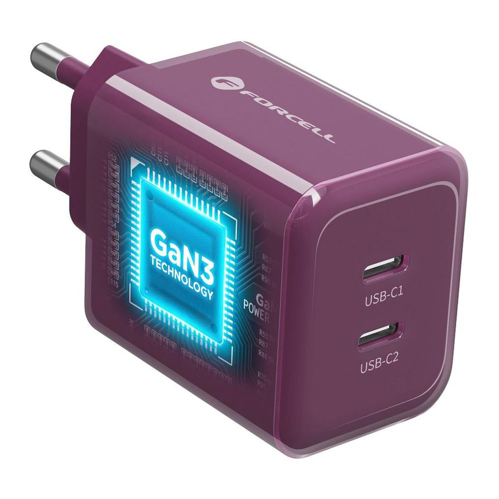 Phone charger Forcell F-Energy GaN III Crystal Color 2x USB C AVS SSFC3.0 60W + silicone cable USB C to USB C VT-60 burgund - billede 2