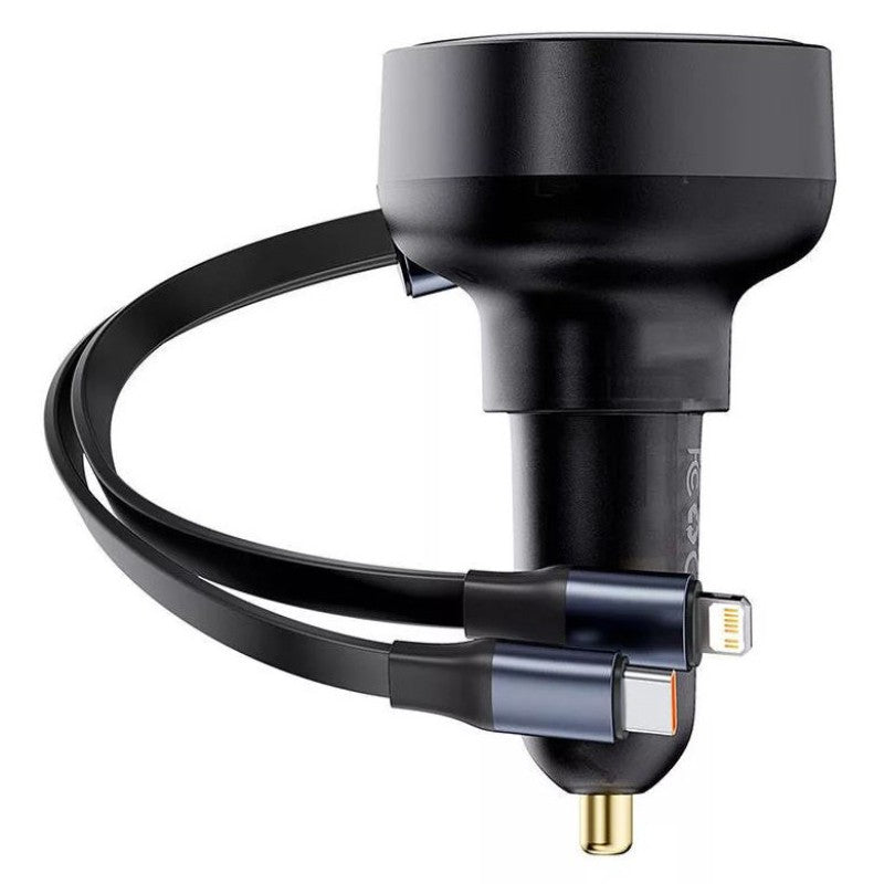 Enjoyment Pro 60W Car Charger USB Port Adapter with Type-C + iP Retractable Cable - Black