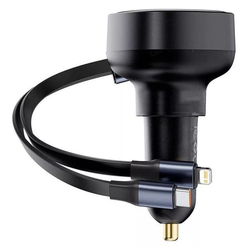 Enjoyment Pro 60W Car Charger USB Port Adapter with Type-C + iP Retractable Cable - Black