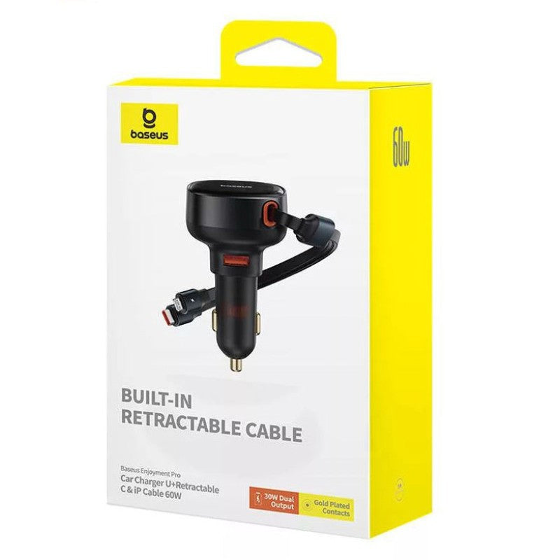 Enjoyment Pro 60W Car Charger USB Port Adapter with Type-C + iP Retractable Cable - Black