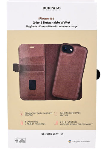 iPhone 16e / 17e Læder Wallet Flip Cover MagSeries med kortholder – Brun – Buffalo