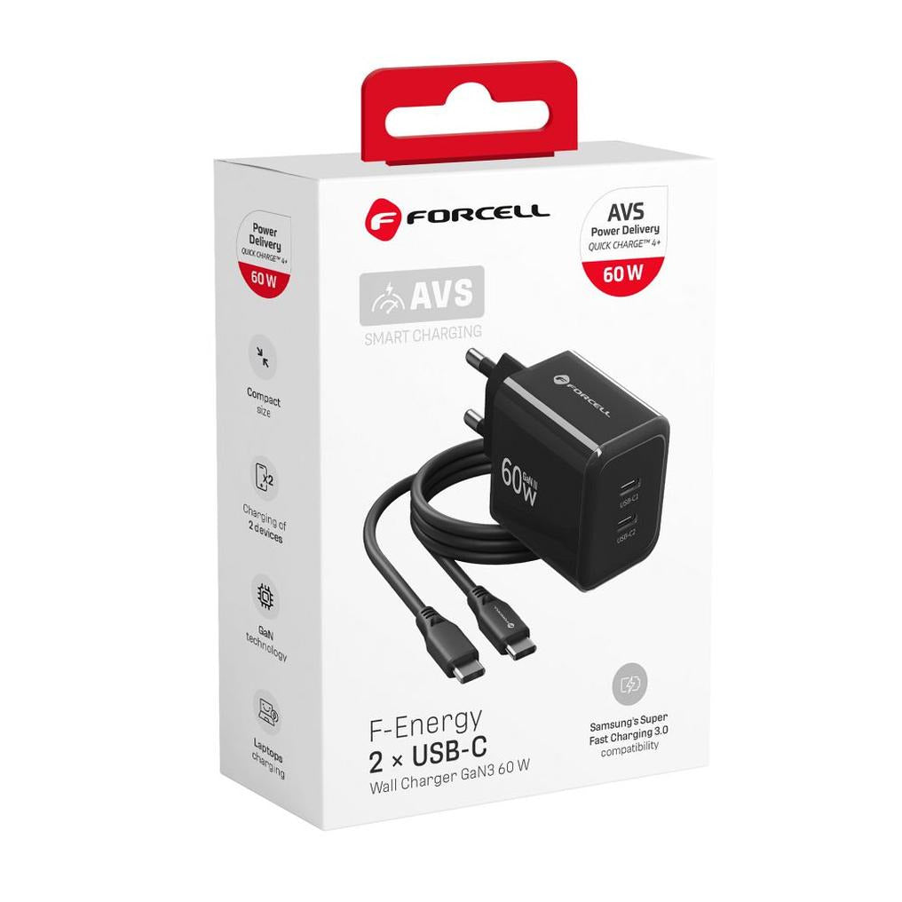 Forcell F-Energy Oplader GaN III Crystal Color 2x USB C AVS SSFC3.0 60W + silicone cable USB C to USB C VT-60 black - billede 5