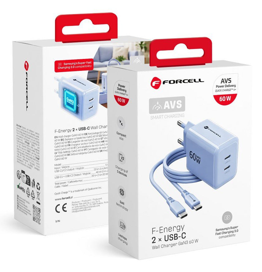 Phone charger Forcell F-Energy GaN III Crystal Color 2x USB C AVS SSFC3.0 60W + silicone cable USB C to USB C VT-60 blue - billede 6