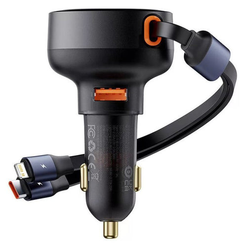 Enjoyment Pro 60W Car Charger USB Port Adapter with Type-C + iP Retractable Cable - Black