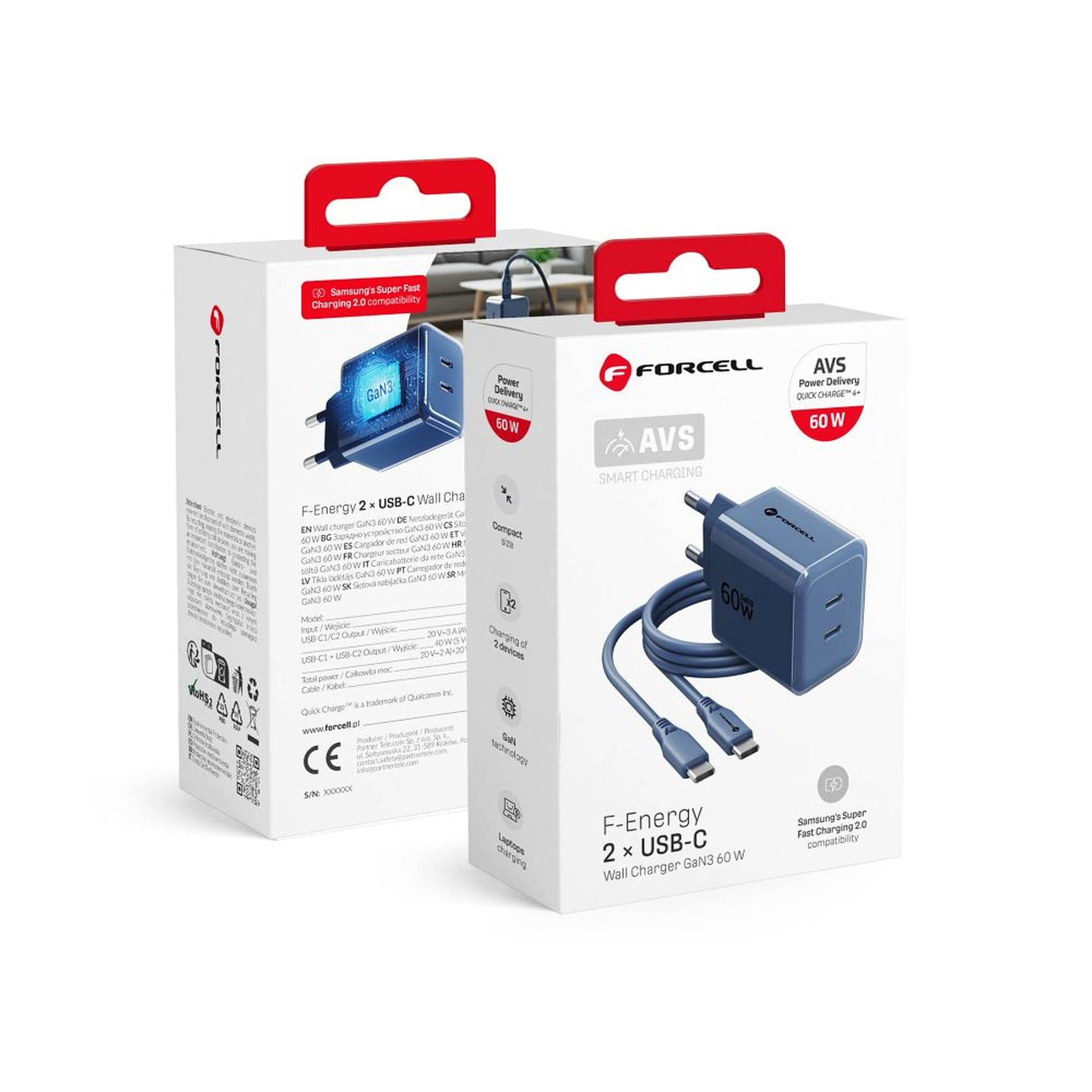 Phone charger Forcell F-Energy GaN III Crystal Color 2x USB C AVS SSFC3.0 60W + silicone cable USB C to USB C VT-60 dark blue - billede 5