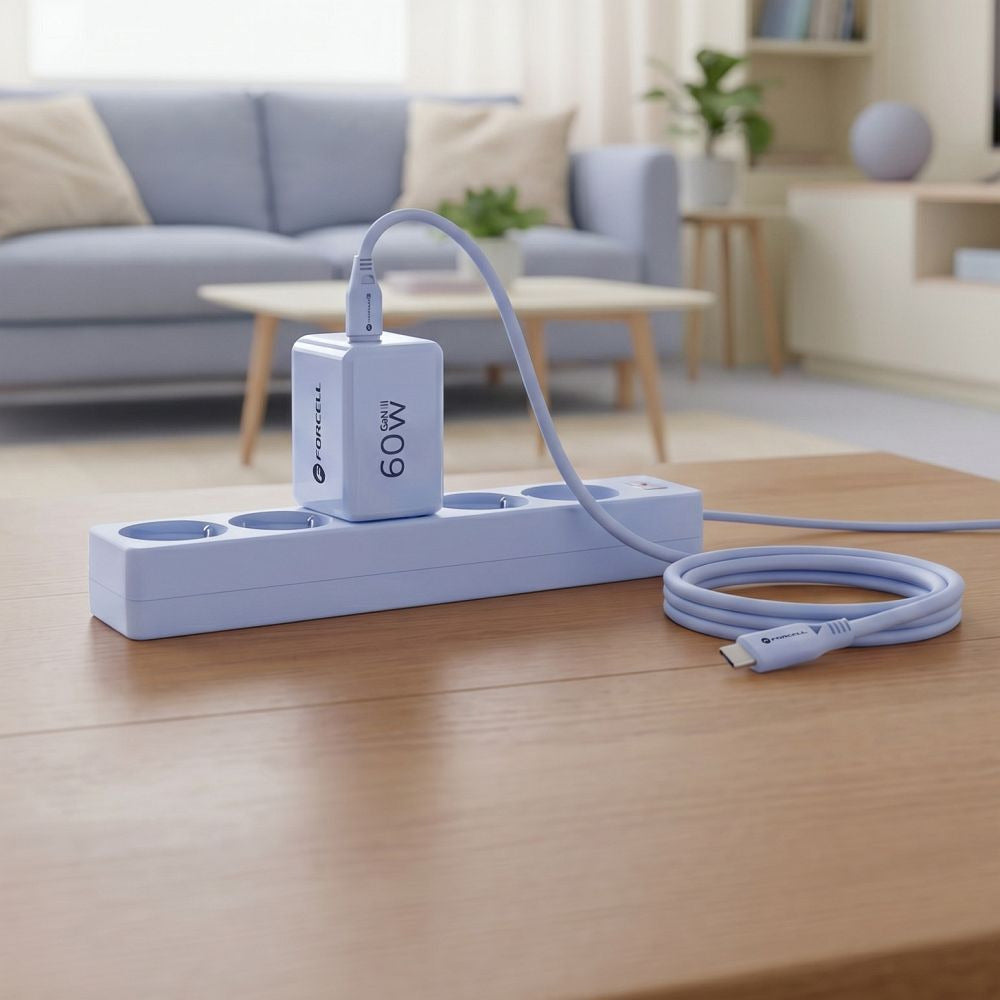 Phone charger Forcell F-Energy GaN III Crystal Color 2x USB C AVS SSFC3.0 60W + silicone cable USB C to USB C VT-60 blue - billede 4