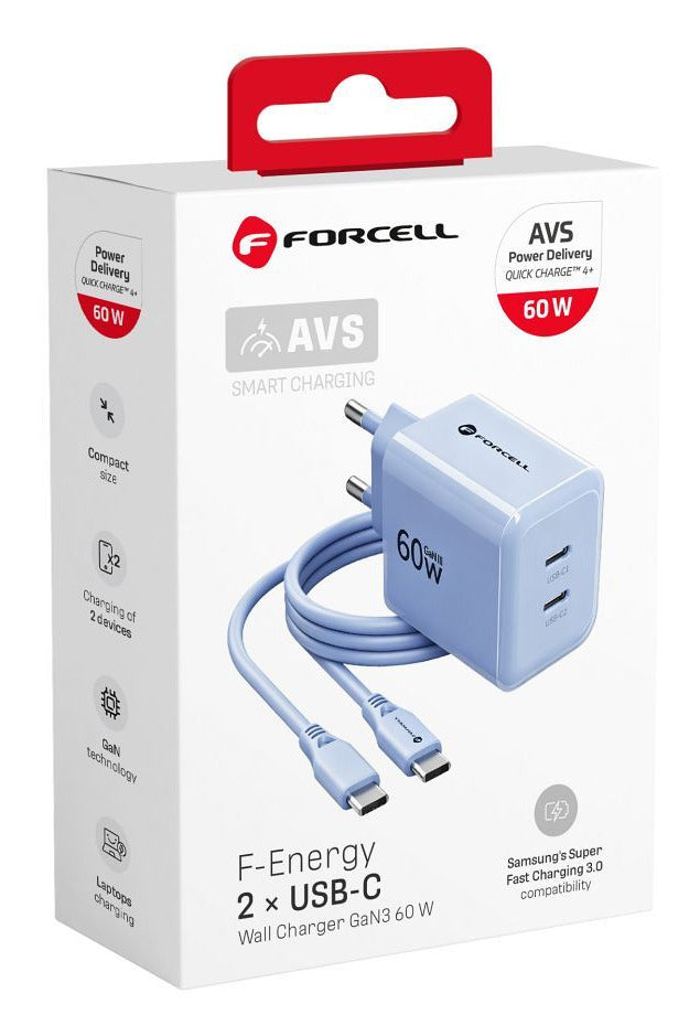 Phone charger Forcell F-Energy GaN III Crystal Color 2x USB C AVS SSFC3.0 60W + silicone cable USB C to USB C VT-60 blue - billede 5