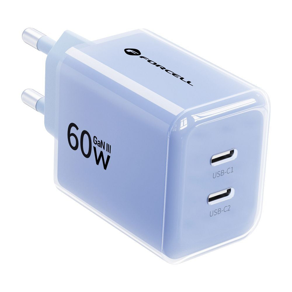 Phone charger Forcell F-Energy GaN III Crystal Color 2x USB C AVS SSFC3.0 60W + silicone cable USB C to USB C VT-60 blue - billede 2