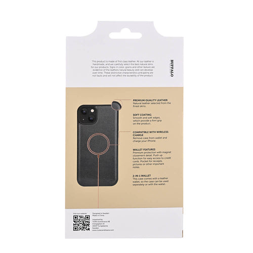 iPhone 15 Plus Læder Cover med kortholder 2in1 3 Magserie – Sort – Buffalo