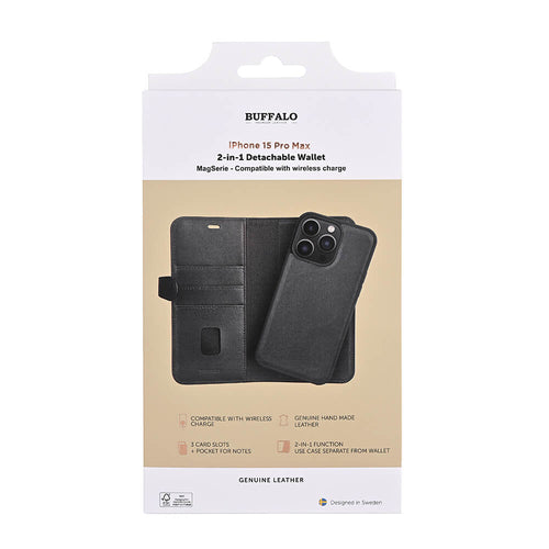 iPhone 15 Pro Max Læder Cover med kortholder 2in1 3 Magserie – Sort – Buffalo