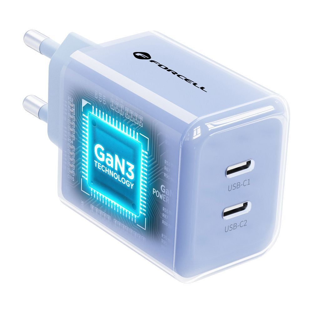 Phone charger Forcell F-Energy GaN III Crystal Color 2x USB C AVS SSFC3.0 60W + silicone cable USB C to USB C VT-60 blue - billede 3
