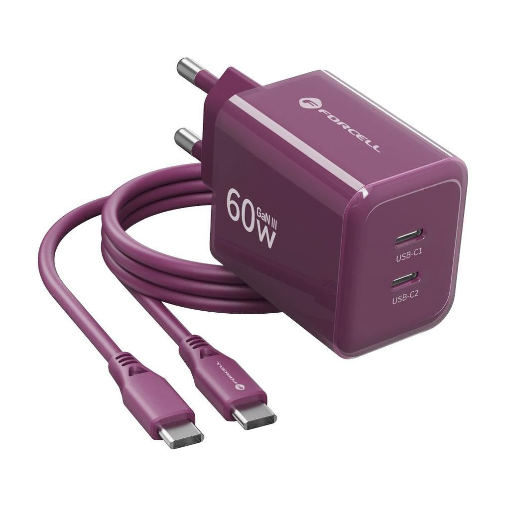 Phone charger Forcell F-Energy GaN III Crystal Color 2x USB C AVS SSFC3.0 60W + silicone cable USB C to USB C VT-60 burgund