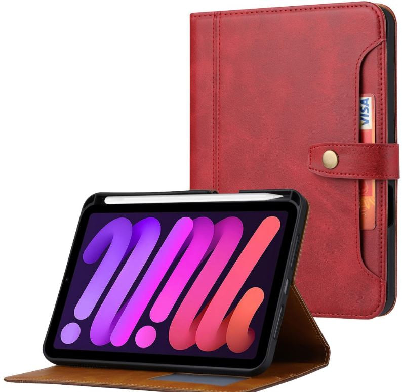 Mag.iPad 109 (2022) Outer Card Slot Design PU Leather Tablet Case Magnetic Clasp Wallet Stand Anti-scratch Cover with Pen Slot - Red