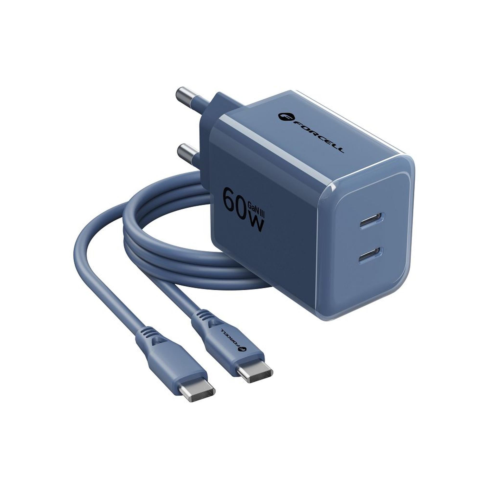 Phone charger Forcell F-Energy GaN III Crystal Color 2x USB C AVS SSFC3.0 60W + silicone cable USB C to USB C VT-60 dark blue - billede 4