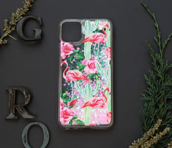 iPhone 11 med flydende glitter, Blomster