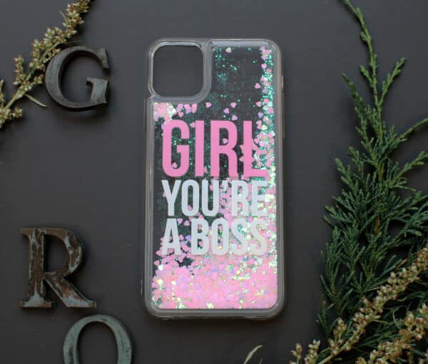 iPhone 11 med flydende glitter, Girl boss