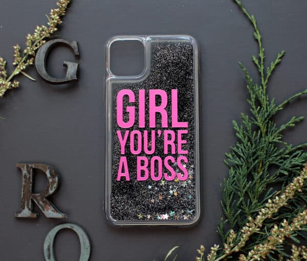 iPhone 11 med flydende glitter, Girl boss sort