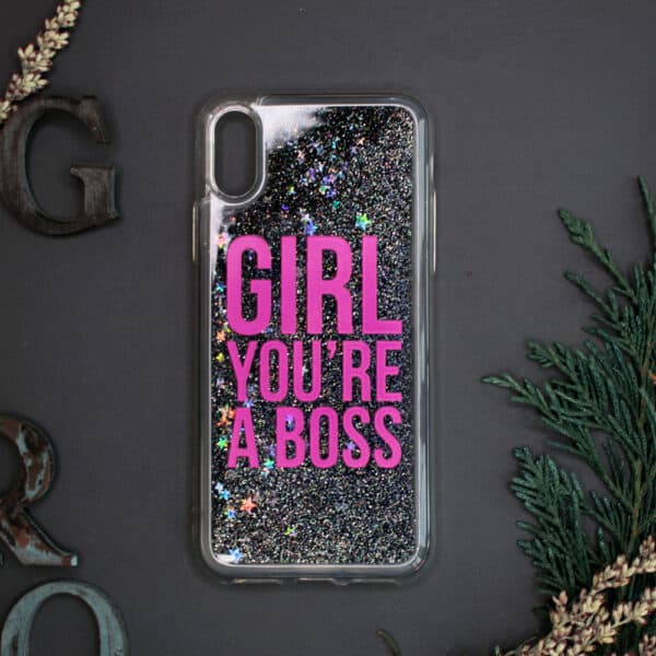 iPhone X/XS med flydende glitter, Girl boss sort