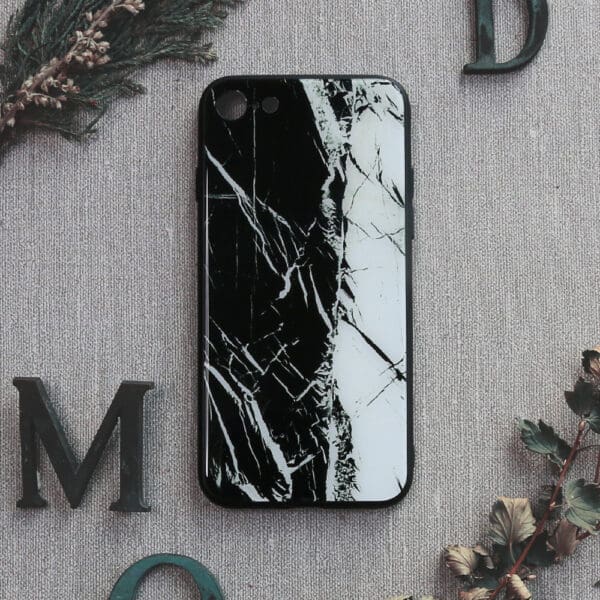 iPhone 7/8/SE 2020 bagside i glas, Marmor, sort