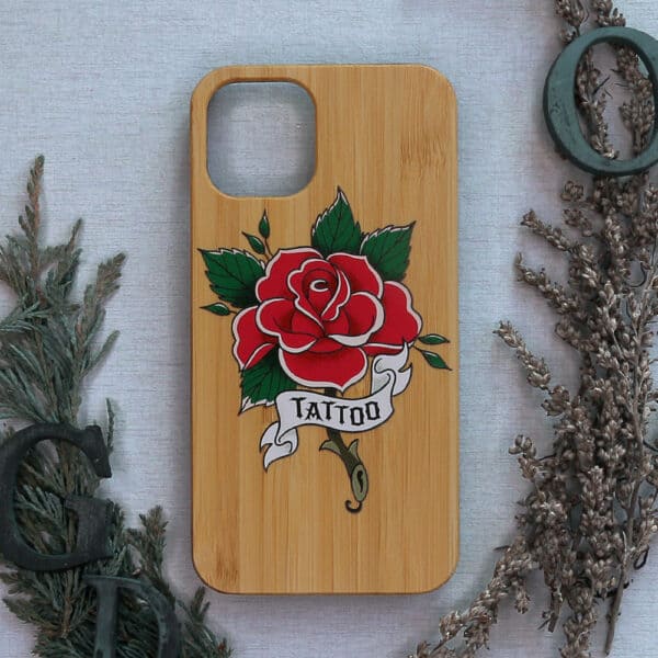 iPhone 11 Pro bagside i træ, Tattoo rose